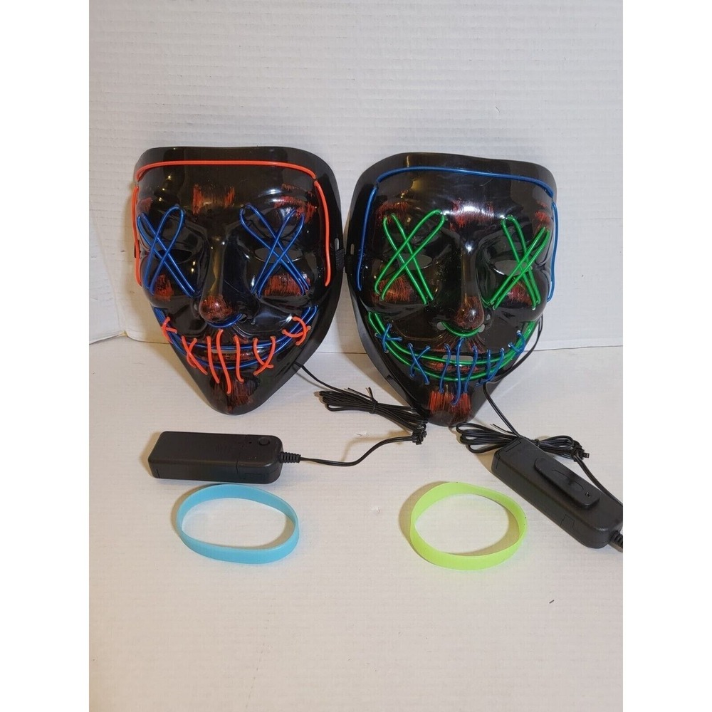 2 Pack Halloween Mask Purge Light Up LED Face Remote Green Blue Movie Costume